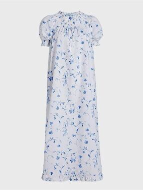 HILL HOUSE Nap White Maxi Dress w Blue Floral Print w Smocked Neck Puff Sleeves